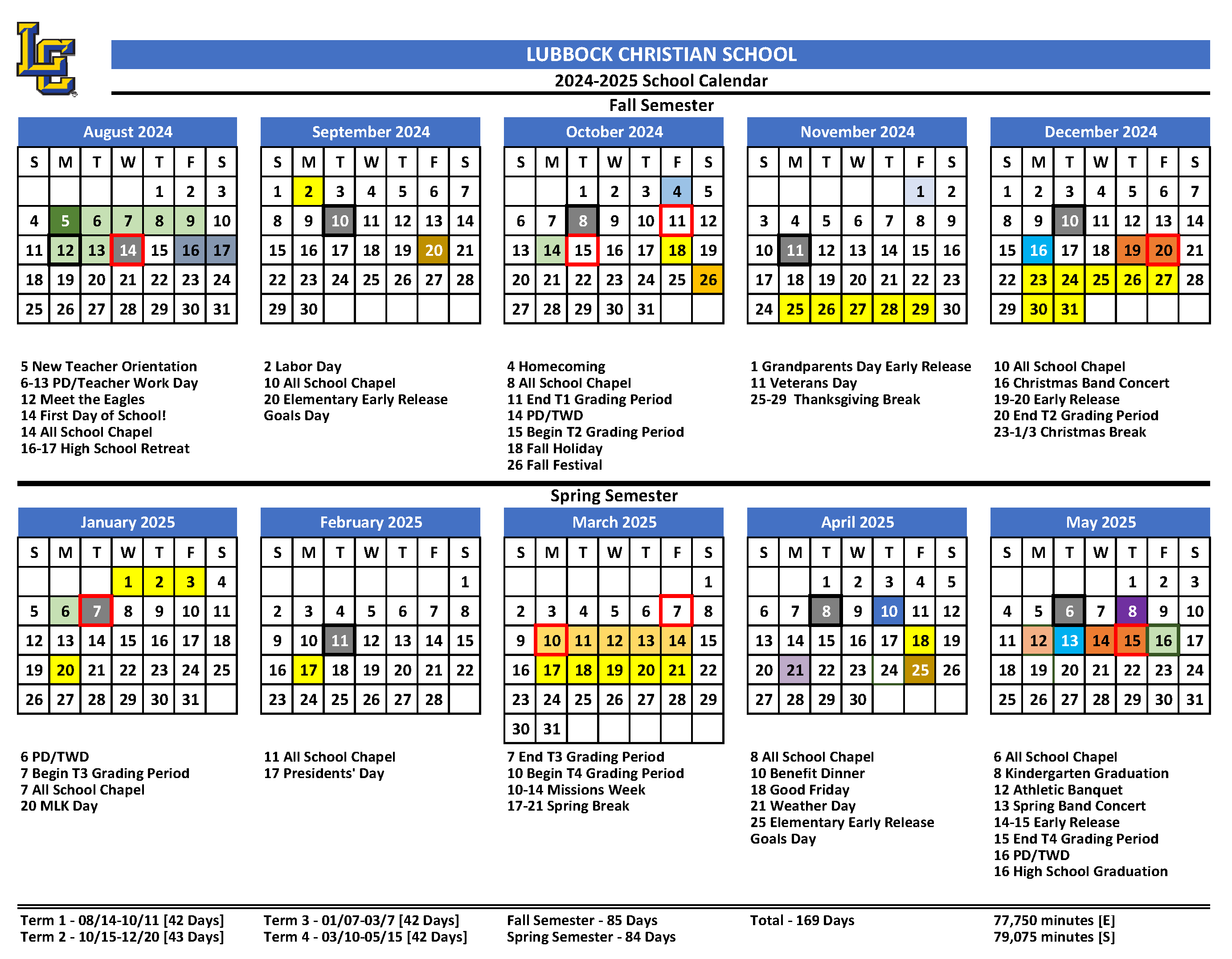 20242025 School Calendar Lubbock Christian School